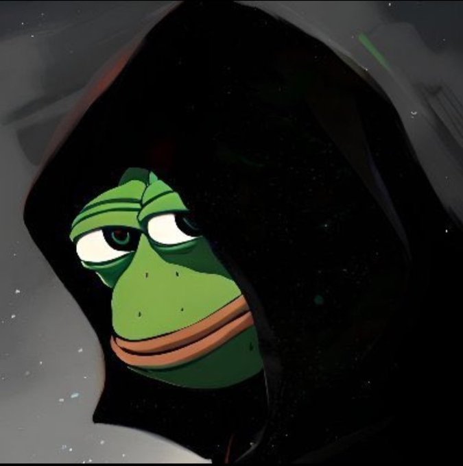 The image shows a hooded Pepe the Frog staring out from a dark cloak against a cosmic, starry background, evoking a Sith-like, ominous mood. It pairs with the caption by capturing the dread of watching late-cycle crypto newcomers profit wildly — Pepe lurking in the shadows as a knowing, envious observer of the "dumb money" surge.