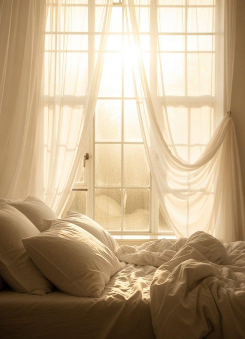A cozy bedroom scene bathed in warm sunlight streaming through sheer white curtains, illuminating white pillows and rumpled bedding.