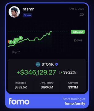 A FOMO app card showing user "rasmr" with a profile labeled "Open," featuring a $STONK ticker up 39.22% (+$346,129.27) with an invested amount of $882.5K and current value of $313M as of Oct 6, 2026—illustrating the $350K round-trip gain mentioned in the post based on his bet that $STONK will reach a $3B valuation.