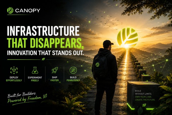 A promotional banner for 'Canopy' reads 'Infrastructure that disappears, innovation that stands out,' featuring a person with a backpack looking at a glowing pathway with the Canopy logo against a sunset landscape.