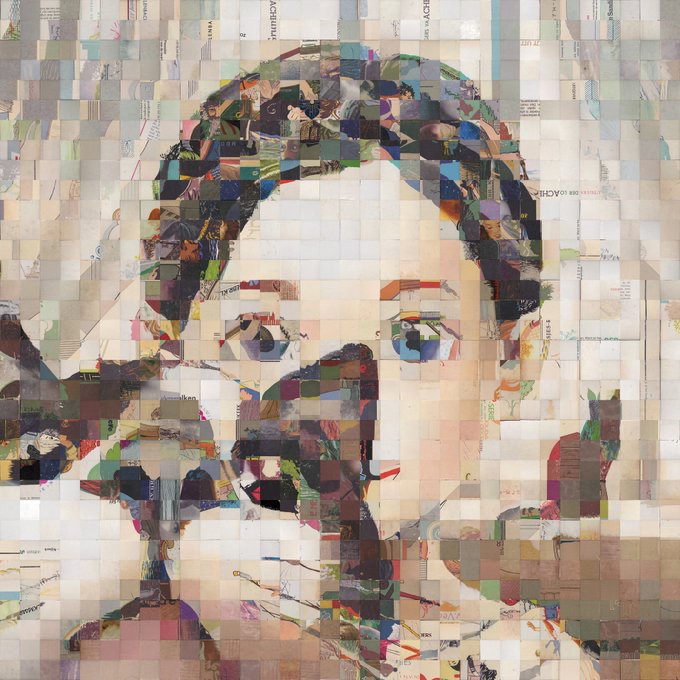 A digital mosaic portrait composed of many small square tiles depicting a bearded man.