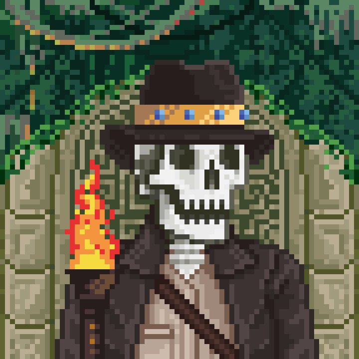 The image features a skeleton wearing a hat, holding an object that appears to be a torch or a sword. The skeleton is dressed in a suit and has a backpack on their back. The background of the image shows a jungle setting with trees and foliage. The caption at the bottom of the image reads "Please welcome @Tribun_sol as our newest Dead King in the Commonwealth! He has acquired the Adventure King".