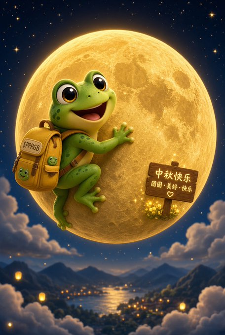 A whimsical digital illustration of a green cartoon frog wearing a yellow backpack labeled "$PRRGE" climbing a large glowing yellow moon at night, with a wooden sign reading "中秋快乐" and "团圆·美好·快乐" below it.