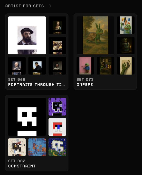 A screenshot of a digital gallery interface titled 'ARTIST FOR SETS' showing curated art collections including 'SET 068 PORTRAITS THROUGH TI...', 'SET 073 ONPEPE', and 'SET 002 CONSTRAINT' featuring various digital artworks and portraits.
