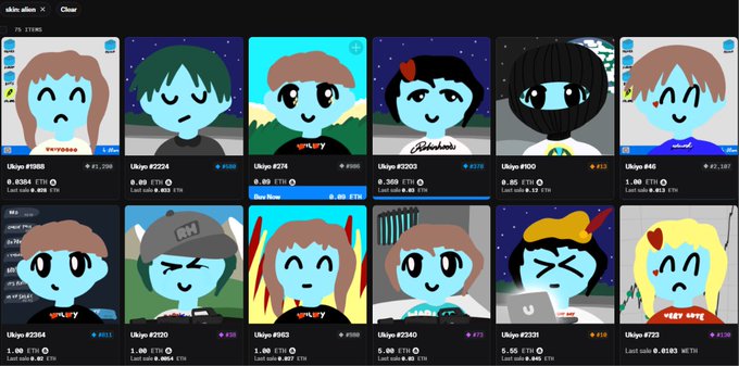A screenshot of a skin_alan NFT collection page on OpenSea displays multiple cartoon-style avatar profile pictures with various usernames, prices in ETH, and trait types.