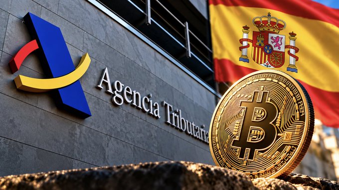 The image shows a gold Bitcoin coin in front of the Spanish tax agency (Agencia Tributaria) building alongside a Spanish flag, visually representing the country's tax authority's recent confirmation that self-custodied Bitcoin and crypto assets are exempt from foreign asset disclosure requirements on Form 721.