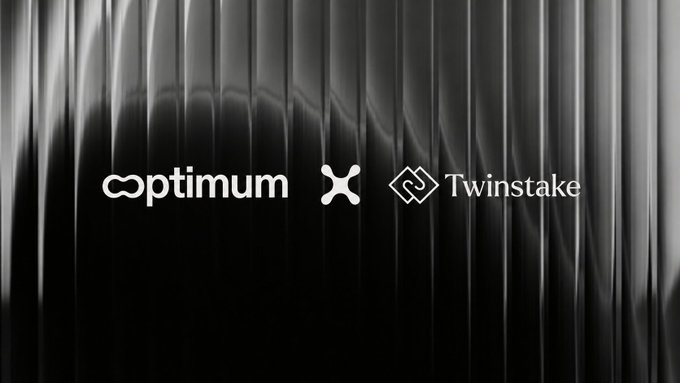 A sleek black background with draped fabric textures displays three white logos in a row: 'optimum', an 'X' symbol, and 'Twinstake'.