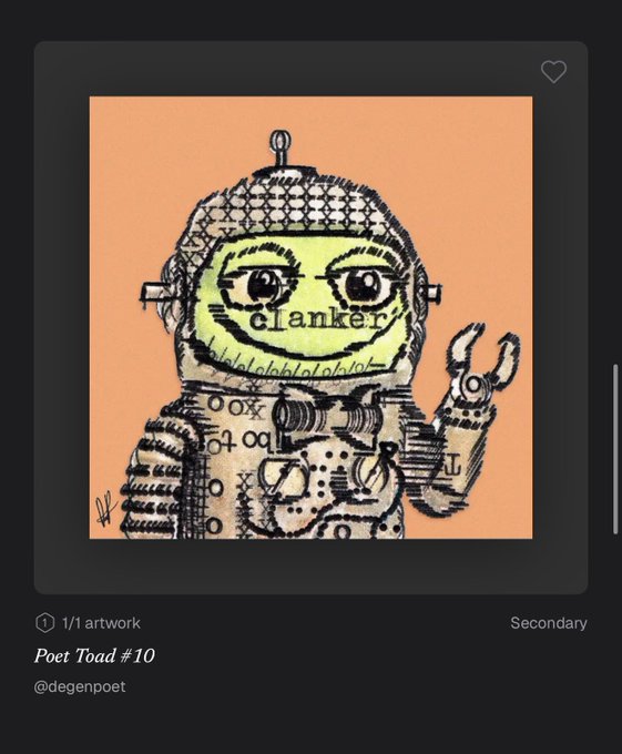 A digital artwork titled 'Poet Toad #10' by @degenpoet, depicting a hand-drawn astronaut-like frog character with the word 'clanker' on its visor against an orange background.