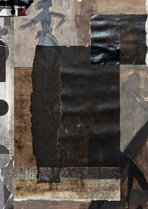 A mixed-media collage artwork with a dark, moody palette, featuring torn black paper, textured brown and gold materials, and fragmented painted sections.