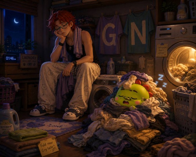 An anime-style illustration of a tired red-haired person with glasses sitting in a messy laundry room at night, wearing unicorn slippers, while a yellow chick sleeps on a pile of clothes.