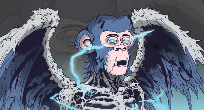 A digital illustration of a powerful winged monkey creature with glowing blue eyes and crackling blue energy coursing through its body, embodying the "primal energy" and "ancient power" described in the accompanying post. The artwork, created for the @PrimalsNFT Art Contest, showcases the raw, awakened essence central to the Primals universe.