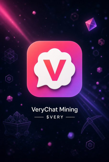 A promotional graphic for 'VeryChat Mining' featuring a pink and purple app icon with the letter 'V', displaying '$VERY' and illustrations of a mining cart and pickaxe.