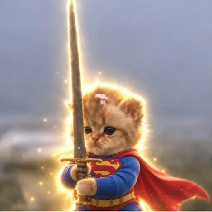 A humorous digitally edited image of a small orange kitten dressed as Superman, wearing the iconic blue suit and red cape, holding a sword upright while glowing with golden light against a cloudy sky.
