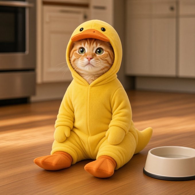 An orange tabby cat wearing a yellow duck onesie sitting on a wooden kitchen floor next to a white pet bowl.
