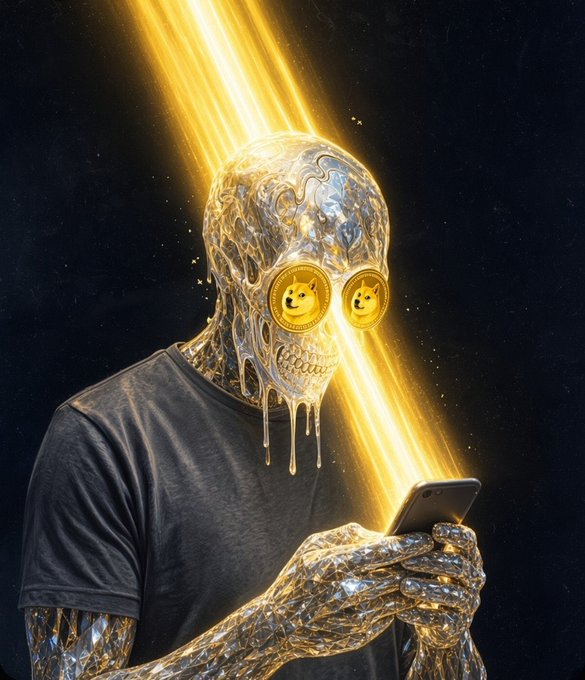 A surreal digital art piece showing a humanoid figure with a gold, dripping, skull-like head featuring Dogecoin coin eyes, looking at a smartphone with golden light beams behind it.
