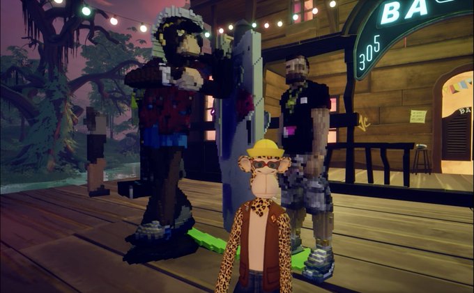 A 3D virtual environment showing a monkey avatar wearing a yellow hat and leopard-print jacket, standing on a wooden platform with two blocky humanoid characters and a bar visible in the background.