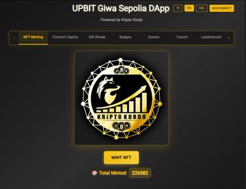 The image shows the UPBIT Giwa Sepolia DApp interface by Kripto Kurdu, featuring a central logo of an eagle with "KK" and "KRİPTO KURDU" text, a "MINT NFT" button, and displays "Total Minted: 226502" against a dark background with navigation tabs including NFT Minting, Contract Deploy, GM Streak, Badges, Quests, Faucet, and Leaderboard. The post aligns with the image, highlighting that over 226k NFTs have been minted on this active testnet DApp where users can mint NFTs, deploy contracts, create daily GM streaks, and complete quests.