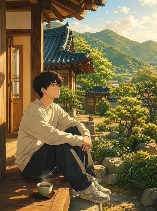 An anime-style illustration depicts a young man sitting on a wooden porch of a traditional Korean house, gazing at the surrounding mountains and trees with a cup of tea beside him.