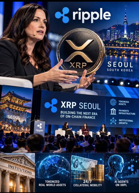 A collage promotes Ripple and the XRP Seoul conference, featuring a speaker, the XRP coin logo, and sections highlighting tokenized assets, payments infrastructure, institutional growth, real-world assets, 24/7 collateral mobility, and AI agents on XRPL.