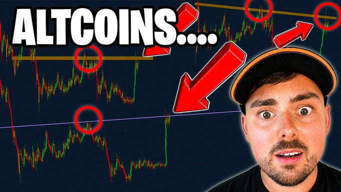 A YouTube thumbnail features a surprised-looking man in an orange cap beside a cryptocurrency chart with red circles highlighting key price points, topped with bold white text reading "ALTCOINS...." The image aligns with the post's urgent message about a potential altcoin breakout, visually emphasizing critical technical levels traders should watch.