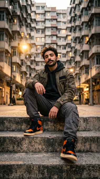 A man with curly hair and a beard sits on stone steps in an urban setting, wearing an olive green jacket, dark hoodie, gray cargo pants, and orange and black high-top sneakers.