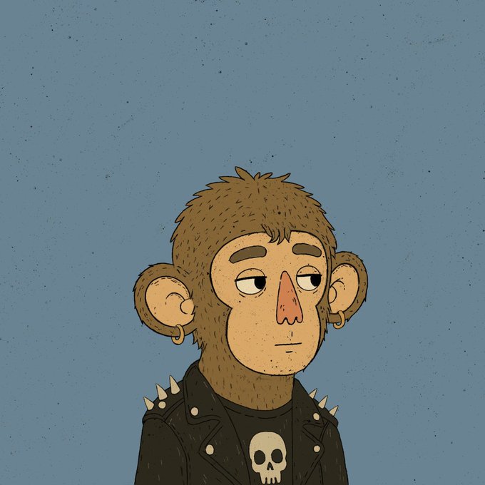 A cartoon illustration of a bored-looking monkey character with brown fur, a pink nose, gold earrings, and a spiked black leather jacket featuring a skull design, set against a blue background.