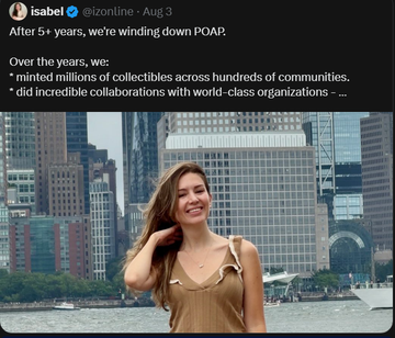 The image shows a Twitter/X post by "isabel" (@izonlime) dated Aug 3 announcing the winding down of POAP after 5+ years, noting they minted millions of collectibles across hundreds of communities. Below the text is a photo of a smiling young woman in a tan dress posing against a New York City skyline with the Empire State Building visible, appearing to reflect on the bittersweet end of the platform mentioned in the accompanying commentary.