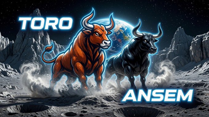 A stylized graphic features two charging bulls—one orange and one black—on a lunar landscape with Earth in the background, alongside the text "TORO" and "ANSEM." The image visually represents the TORO crypto project mentioned in the post, with the bull imagery reinforcing the post's bullish market cap claims for ANSEM and related tokens.