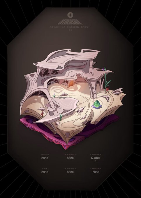 A 3D illustration of a stylized crystalline cave/plateau landscape labeled "SPLITTER • COSMIC DREAM" from the "OTHERSIDE" platform, displayed on a dark hexagonal frame with metadata fields showing "LISTER" as an E resource and other attributes marked "none." The image visually represents the Otherdeed NFT (token #30887) announced as won by @A_J_Dominic, showcasing the unique cosmic dream land they're claiming ownership of.