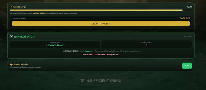 Gaming interface showing 'Arenas Energy' at 19/20 with 630 $RBNX pending rewards, a 'Ranked Match' section requiring 1,000,000 $RBNX to play, and a 'Friend Match' option marked 'PLAY' but noting 'INSUFFICIENT $RBNX'.