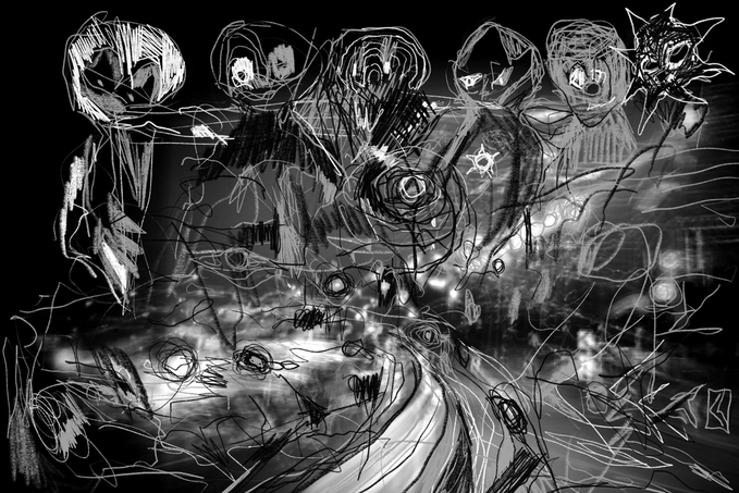 A dark, chaotic sketch depicts several shadowy, hooded figures gathered together around swirling, abstract shapes with multiple eerie eyes scattered throughout, symbolizing the fractured and tension-filled state of the NFT community. The haunting imagery visually represents the post's lament about rival blockchain maxis (ETH, SOL, TEZ, BTC Ordinals) talking poorly about one another, despite a shared love of collecting digital art.