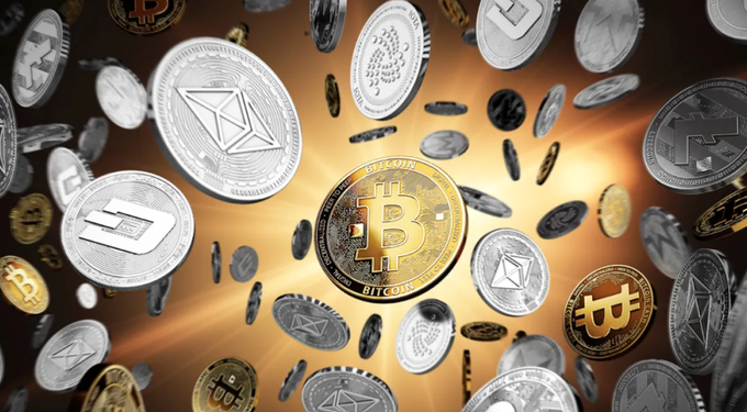 A 3D render of various physical cryptocurrency coins, prominently featuring Bitcoin, Ethereum, and Litecoin, floating against a glowing golden background.