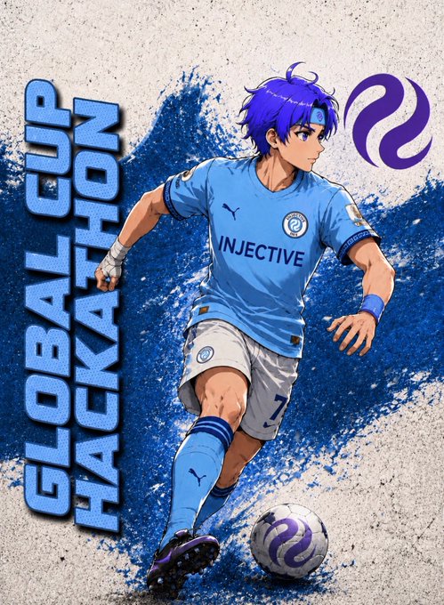 An anime-style illustration of a blue-haired soccer player wearing a light blue Manchester City-style jersey with 'INJECTIVE' written on it, playing on a field with 'GLOBAL CUP HACKATHON' text beside him.