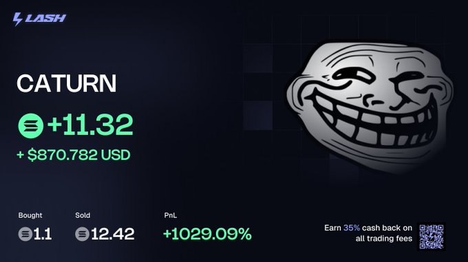 A cryptocurrency trading result on LASH exchange showing a CATURN trade with +1029.09% profit, bought at 1.1 and sold at 12.42, featuring a trollface meme.