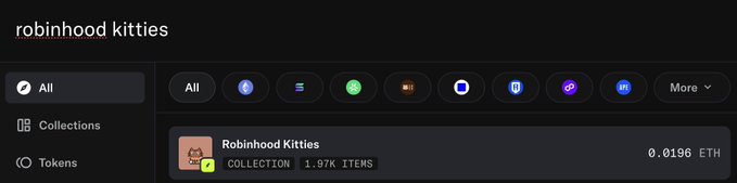 A screenshot of an OpenSea NFT marketplace page showing the 'robinhood kitties' collection, with a floor price of 0.0196 ETH and 1.97K items in the collection.
