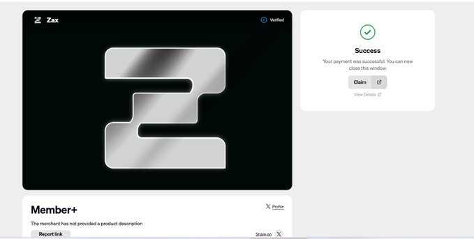 A screenshot of a web page showing a 'Zaux' Member+ profile with a large 'Z' logo, alongside a success notification stating 'Your payment was successful. You can now close this window.'