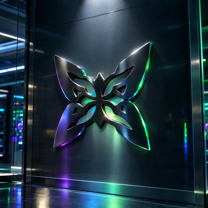 A futuristic dark metallic emblem with an iridescent rainbow holographic butterfly/leaf design mounted on a dark wall, illuminated by neon purple, green, and blue lighting.