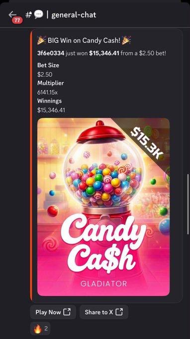 A Discord screenshot from #general-chat shows a "BIG Win on Candy Cash!" notification where user 366e0334 won $15,346.41 from a $2.50 bet with a 6141.15x multiplier, illustrating the post's claim about big payouts on @metawin.