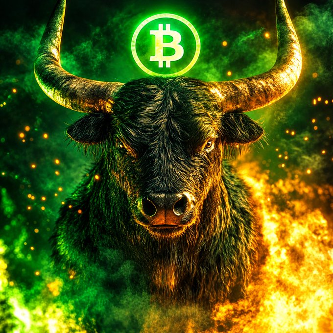 A dramatic image of a bull with a glowing Bitcoin logo on its forehead, surrounded by green smoke and fiery orange elements.