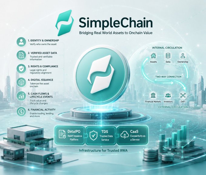 A SimpleChain infographic titled 'Bridging Real World Assets to Onchain Value' listing six features including Identity & Ownership, Verified Asset Data, Rights & Compliance, Digital Issuance, Cash Flows & Lifecycle Events, and Financial Activity.