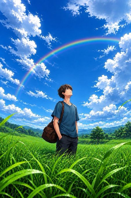 An anime-style illustration of a boy with a bag standing in a grassy field, looking up at a rainbow spanning across a bright blue, cloudy sky.