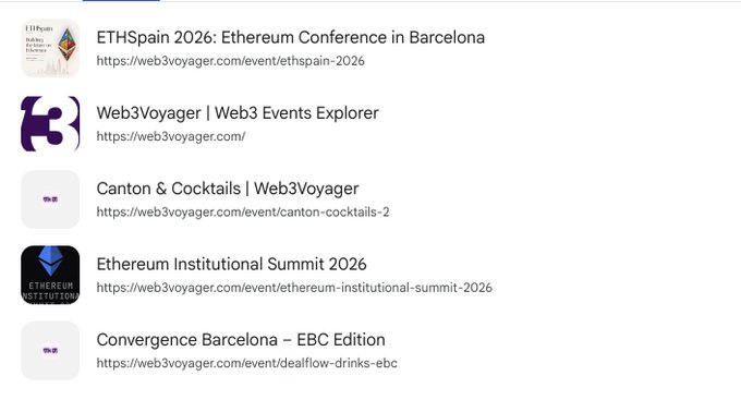 A list of search results for Web3 events, including ETHSpain 2026: Ethereum Conference in Barcelona, Web3Voyager, Canton & Cocktails, Ethereum Institutional Summit 2026, and Convergence Barcelona – EBC Edition.