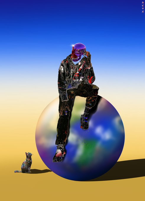 A stylized digital artwork of a person in patterned black clothing sitting atop a large iridescent sphere on a sandy surface, with a small textured dog beside them against a gradient sky.
