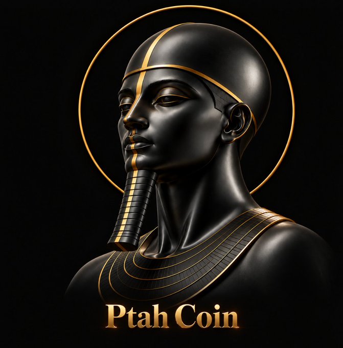 A black-and-gold statue-like bust of an Egyptian-style figure with a circular halo, labeled “Ptah Coin.”