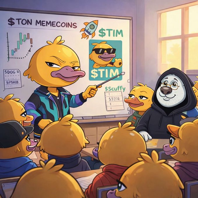A cartoon duck professor wearing sunglasses and a teal jacket points at a whiteboard displaying "$TON MEMECOINS" with a rising chart, a rocket, and "$TIM" alongside a "S$uffy" ticker card, as fellow ducks—including one in a black hoodie—take notes in a classroom, matching the post about a TON meme class continuing on Monday.