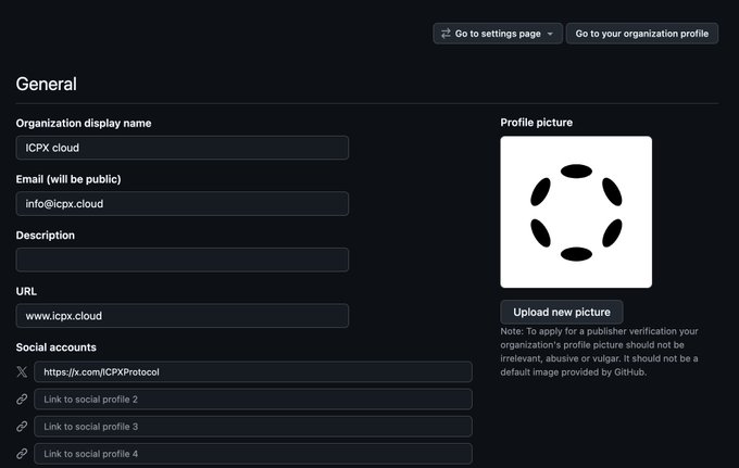 A GitHub organization settings page for 'ICPX cloud' showing fields for email (info@icpx.cloud), URL (www.icpx.cloud), and an X (Twitter) link to https://x.com/ICPXProtocol, with a placeholder profile picture.
