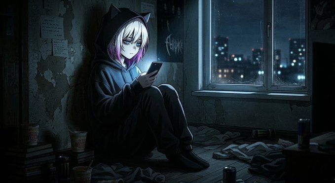 An anime-style illustration of a person with cat ears and pink/purple hair sitting on the floor in a dark room, illuminated by a phone screen, with a city skyline visible through the window.