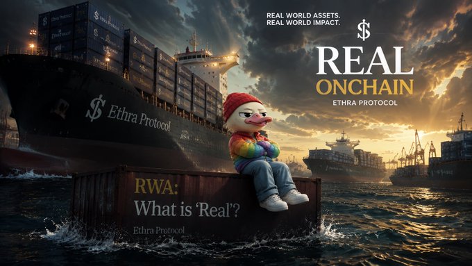 A sad cartoon character in a red beanie and rainbow sweater sits on a shipping container labeled "RWA: What is 'Real'?" beside a massive cargo ship branded "Ethra Protocol" on the ocean at sunset, with bold text reading "REAL ONCHAIN — REAL WORLD ASSETS. REAL WORLD IMPACT." — visually reinforcing the post's theme that the future of real-world asset tokenization goes beyond simply putting existing assets onchain, questioning what truly counts as "real."