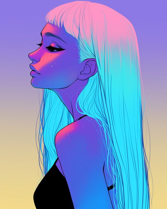 A stylized digital illustration of a woman in profile with long flowing hair, rendered in vibrant neon pink and cyan colors against a gradient background.