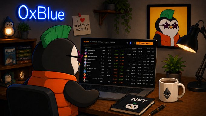 An anthropomorphic penguin with a green mohawk sits at a desk reviewing cryptocurrency market data on a laptop, surrounded by NFT-related décor including a "PUDGY" book and a "I ❤️ prediction markets" sticky note beneath a glowing "OxBlue" neon sign, alongside a notebook labeled "NFT." The cozy, dimly-lit scene captures the lonely grind of diamond-handed conviction during quiet market periods, visually echoing the post's theme about staying loyal to a collection when the hype fades.